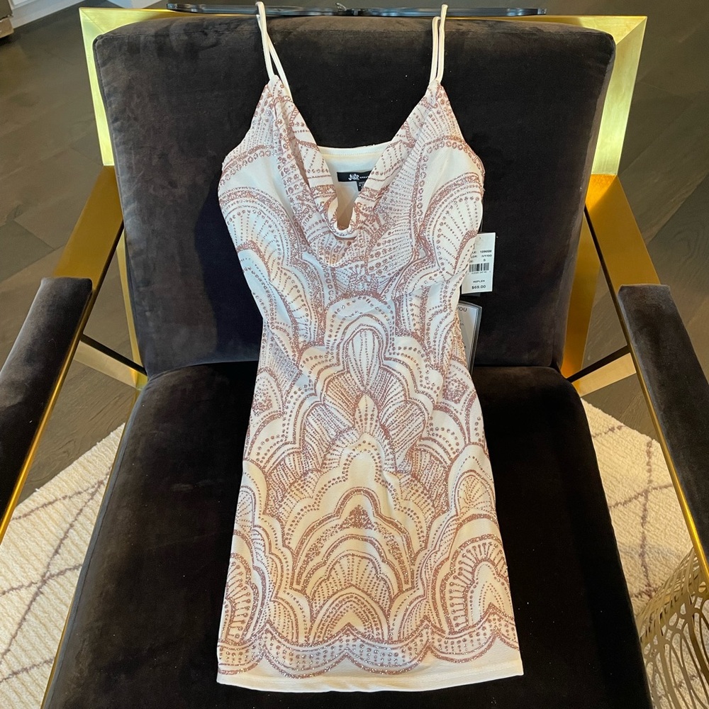 NWT Ivory rose gold sparkle stretch sheath dress S